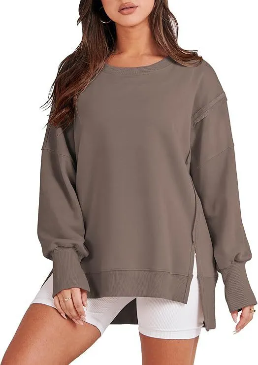 Women Casual Solid Color Crewneck Long Sleeve Split Blank Sweatshirt - Image 4