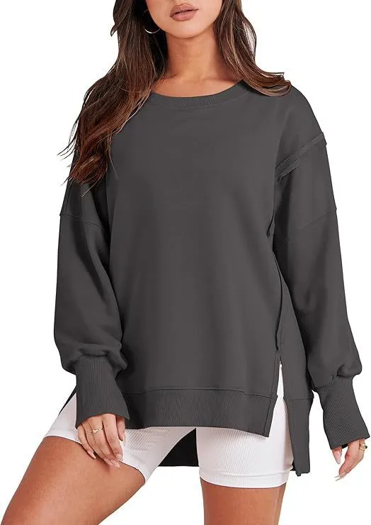 Women Casual Solid Color Crewneck Long Sleeve Split Blank Sweatshirt - Image 5