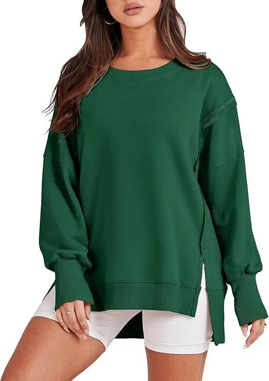 Women Casual Solid Color Crewneck Long Sleeve Split Blank Sweatshirt - Image 6