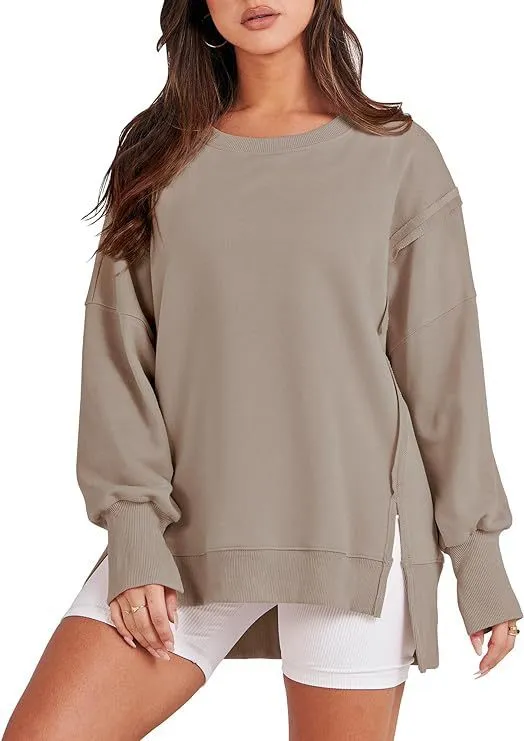 Women Casual Solid Color Crewneck Long Sleeve Split Blank Sweatshirt - Image 7