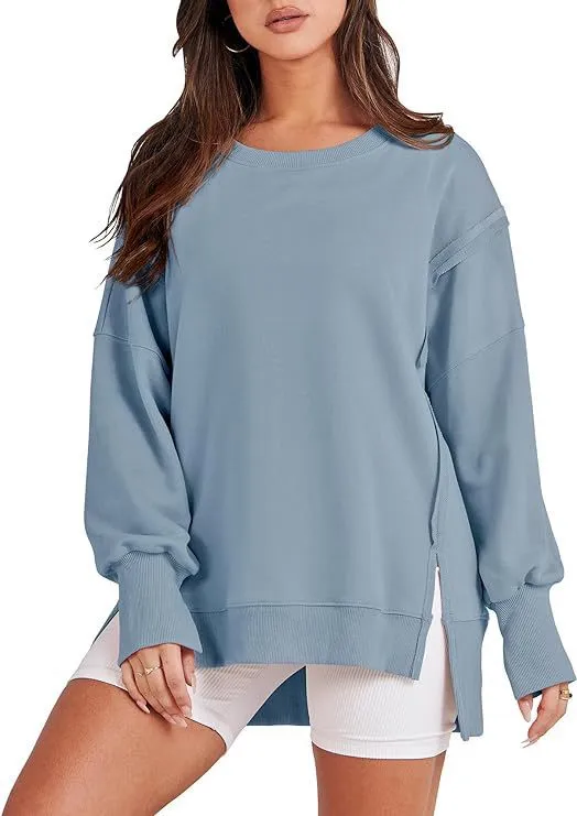 Women Casual Solid Color Crewneck Long Sleeve Split Blank Sweatshirt - Image 8