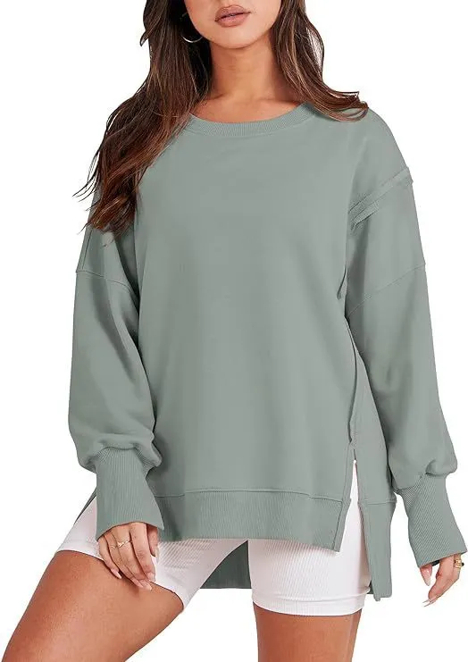Women Casual Solid Color Crewneck Long Sleeve Split Blank Sweatshirt - Image 9