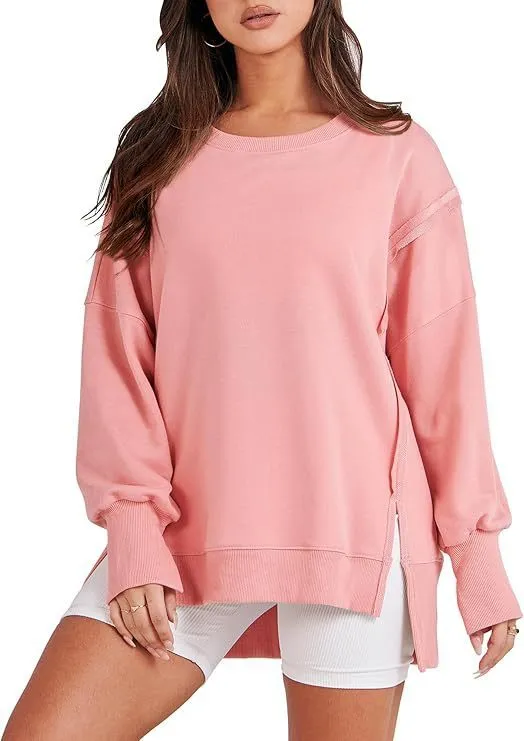 Women Casual Solid Color Crewneck Long Sleeve Split Blank Sweatshirt - Image 10