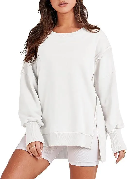Women Casual Solid Color Crewneck Long Sleeve Split Blank Sweatshirt - Image 11
