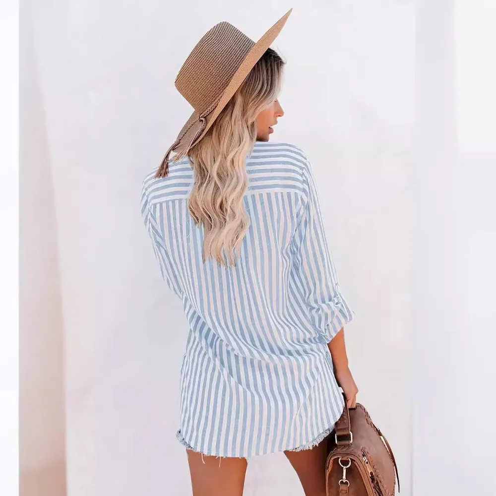 Women Casual Cotton Stripe Single-Breasted Long-Sleeved Shirt Blouse - Image 3