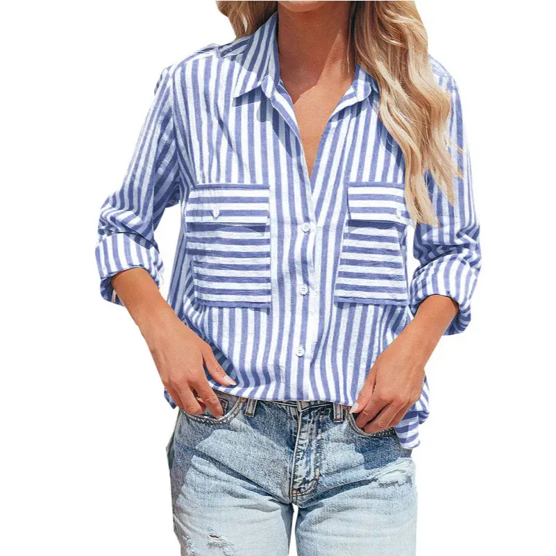 Women Casual Cotton Stripe Single-Breasted Long-Sleeved Shirt Blouse - Image 4
