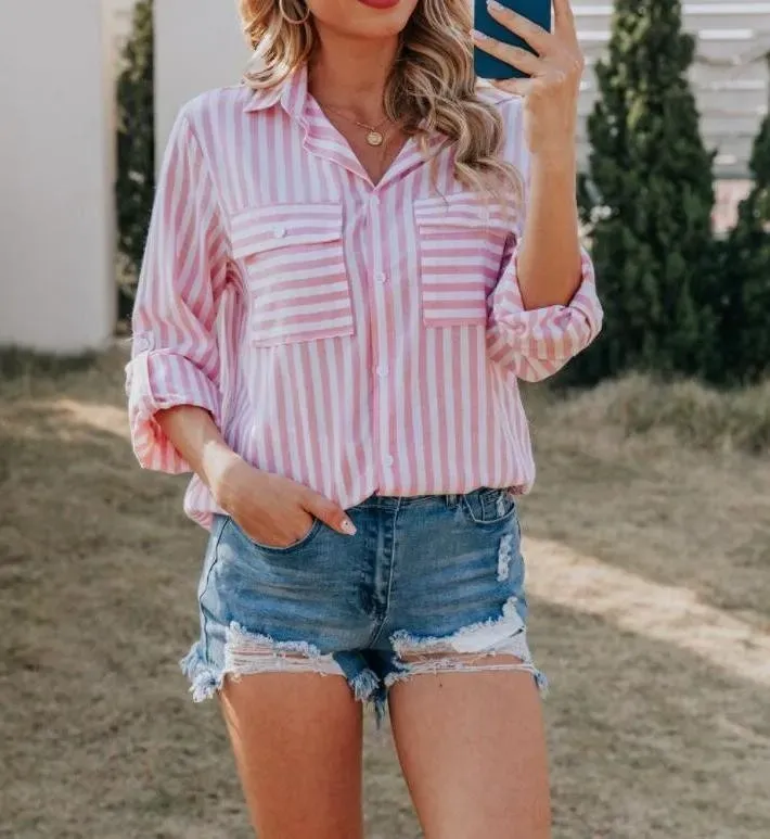 Women Casual Cotton Stripe Single-Breasted Long-Sleeved Shirt Blouse - Image 7