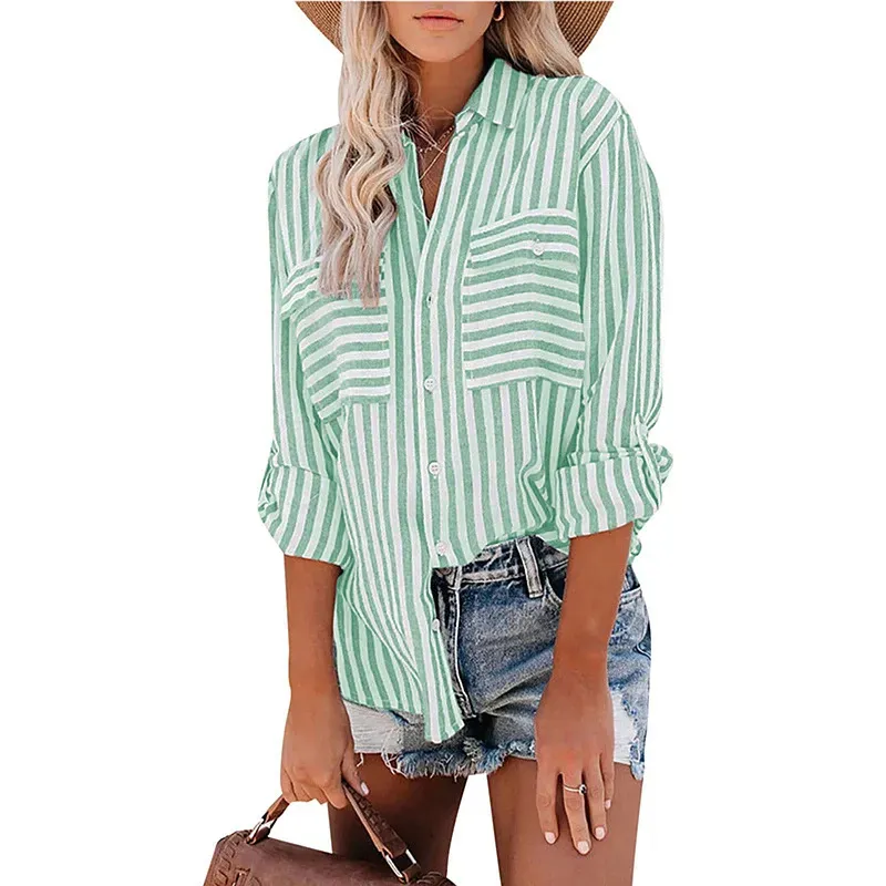 Women Casual Cotton Stripe Single-Breasted Long-Sleeved Shirt Blouse - Image 11