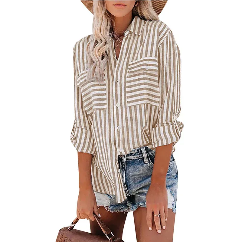 Women Casual Cotton Stripe Single-Breasted Long-Sleeved Shirt Blouse - Image 12