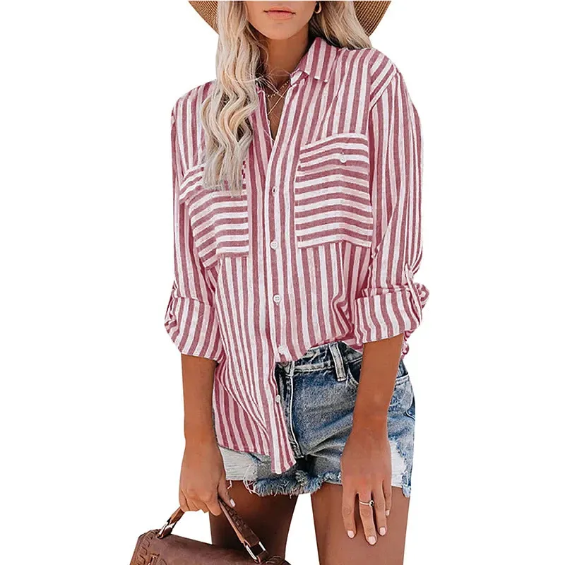 Women Casual Cotton Stripe Single-Breasted Long-Sleeved Shirt Blouse - Image 13