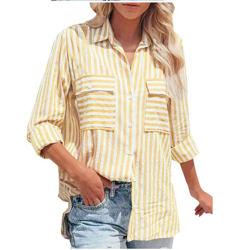Women Casual Cotton Stripe Single-Breasted Long-Sleeved Shirt Blouse - Image 14