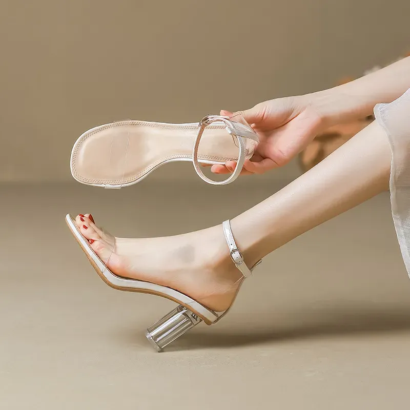 Summer Women Fashion Transparent Buckled Chunky Heel Sandals