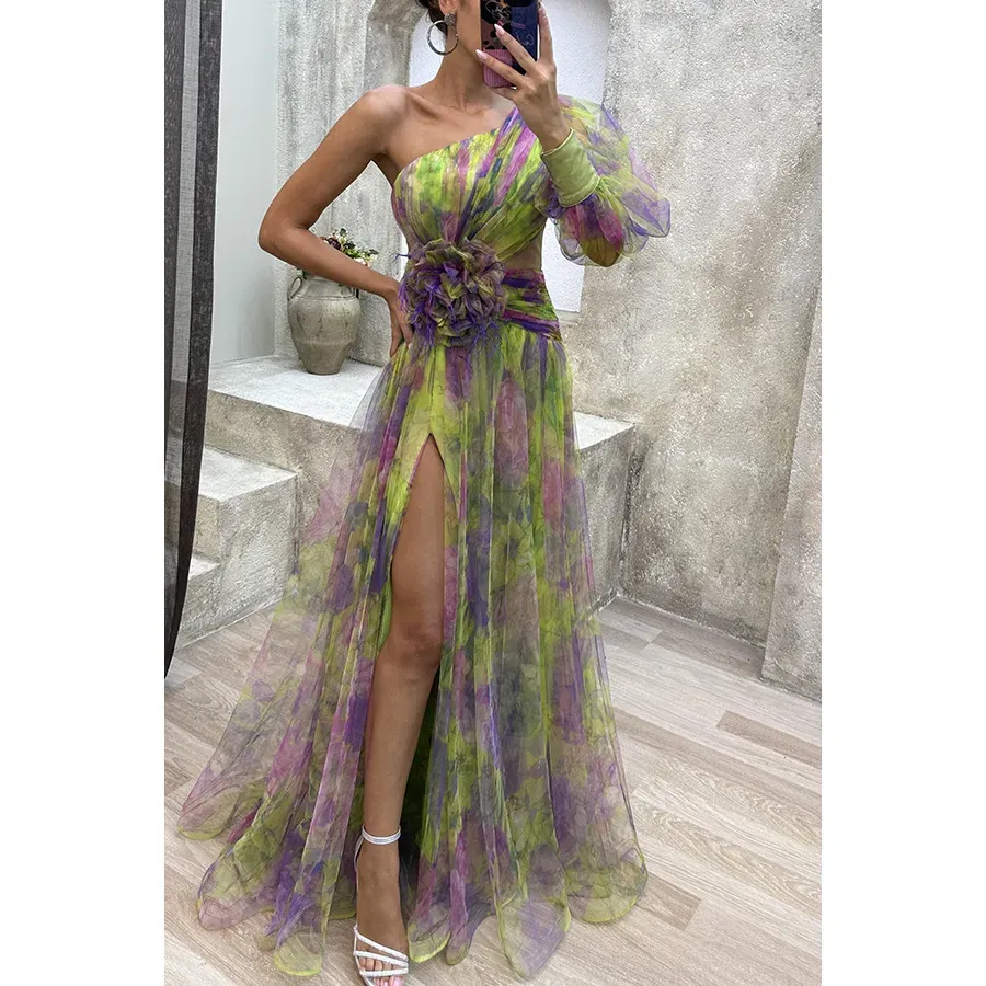 Women Fashion Slant Shoulder Split Mesh Maxi Dress - Image 3