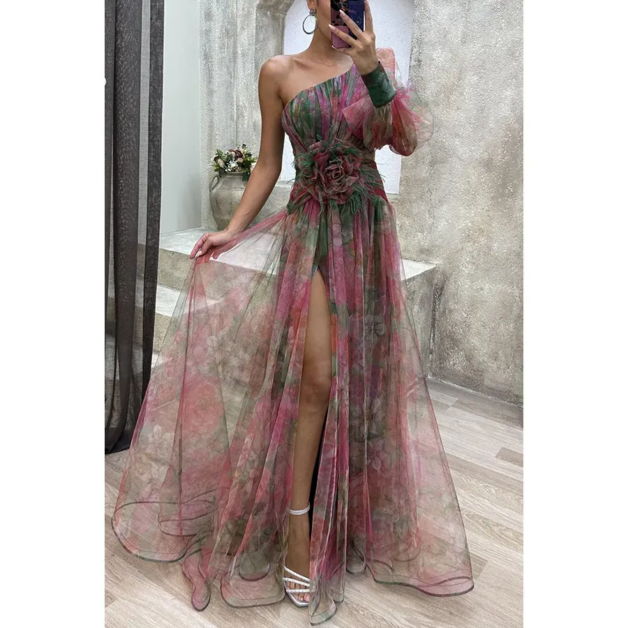 Women Fashion Slant Shoulder Split Mesh Maxi Dress - Image 7