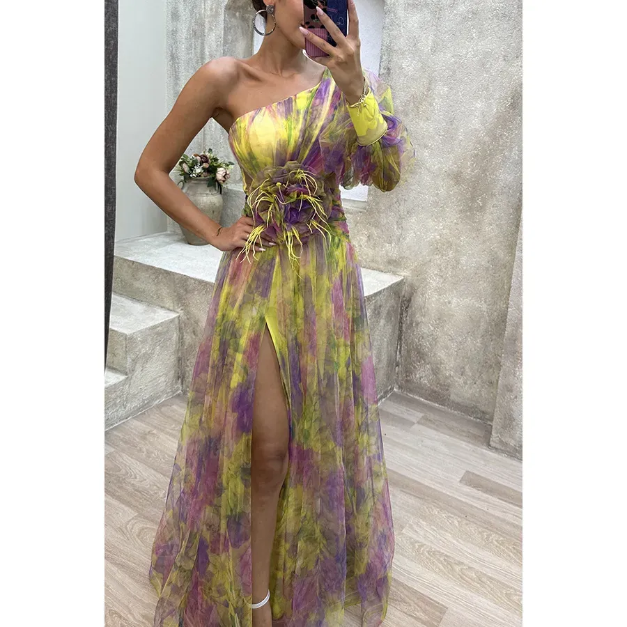 Women Fashion Slant Shoulder Split Mesh Maxi Dress - Image 9