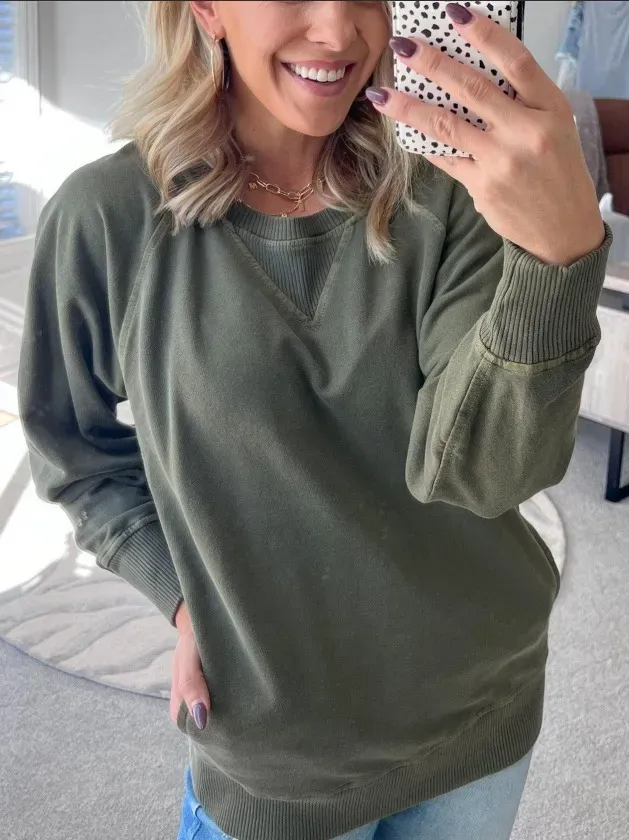 Autumn Winter Women Fashion Loose Solid Color Round Neck Long Sleeve Sweatshirt - Image 3