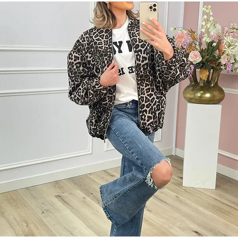 Autumn Winter Women Fashion Leopard Print Zipper Long Sleeve Jacket Coat - Image 3
