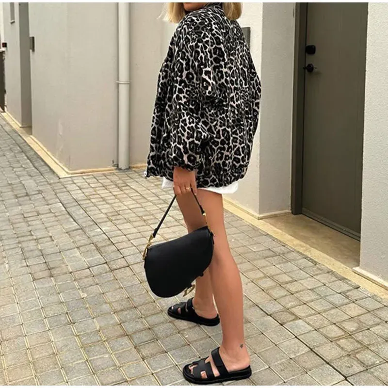 Autumn Winter Women Fashion Leopard Print Zipper Long Sleeve Jacket Coat - Image 4