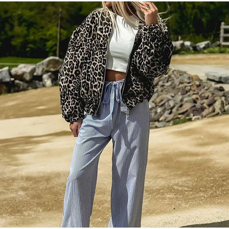 Autumn Winter Women Fashion Leopard Print Zipper Long Sleeve Jacket Coat - Image 5