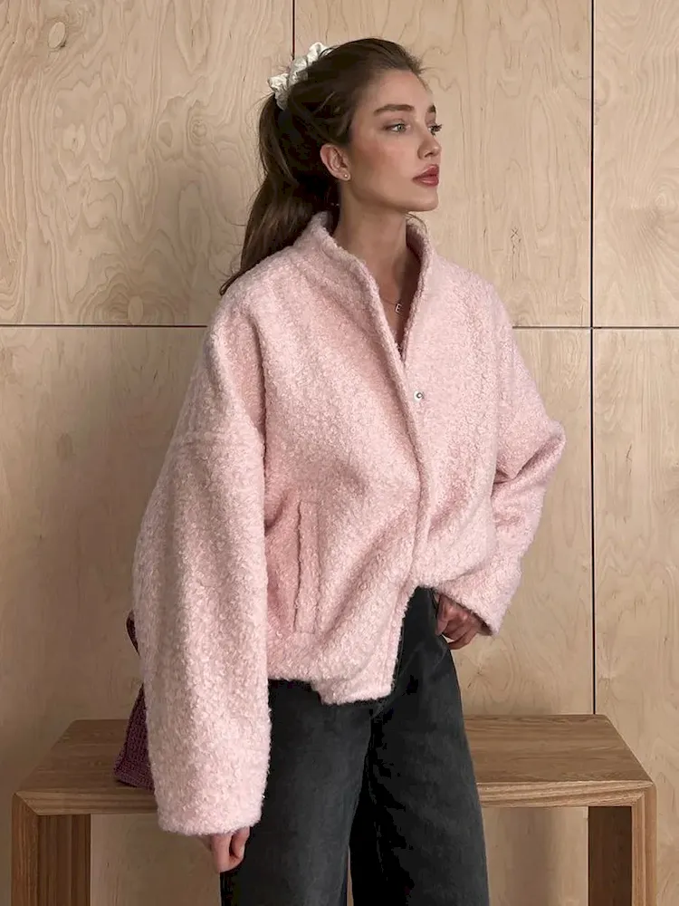 Autumn Winter Women Fashion Plush Stand Collar Long Sleeve Coat - Image 3