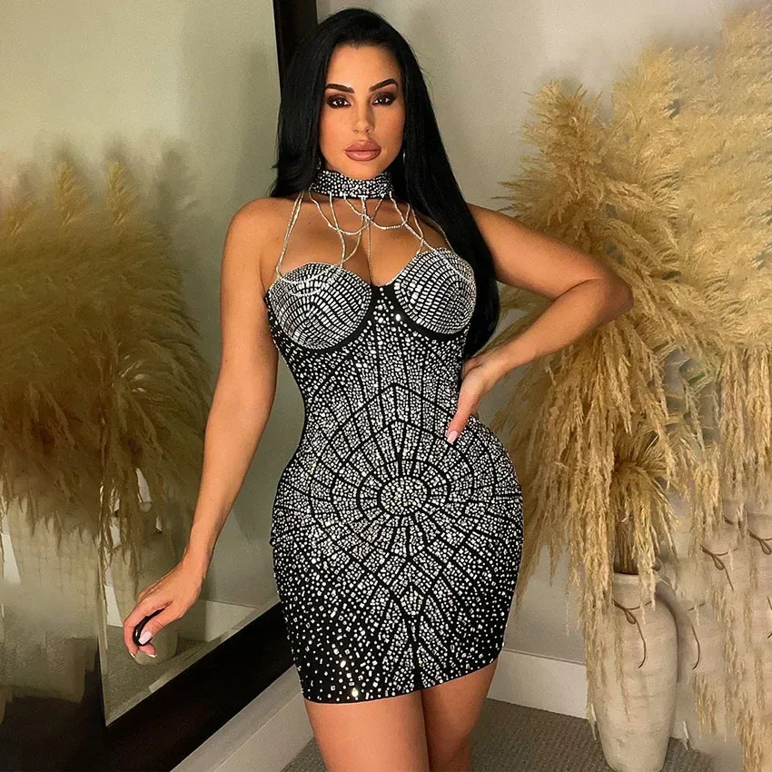 Women Fashion Sexy Tassel Rhinestone Halter Neck Tight Dress