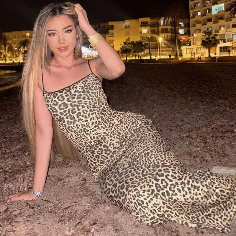 Summer Women Fashion Sexy Leopard Print Sling Backless Maxi Dress