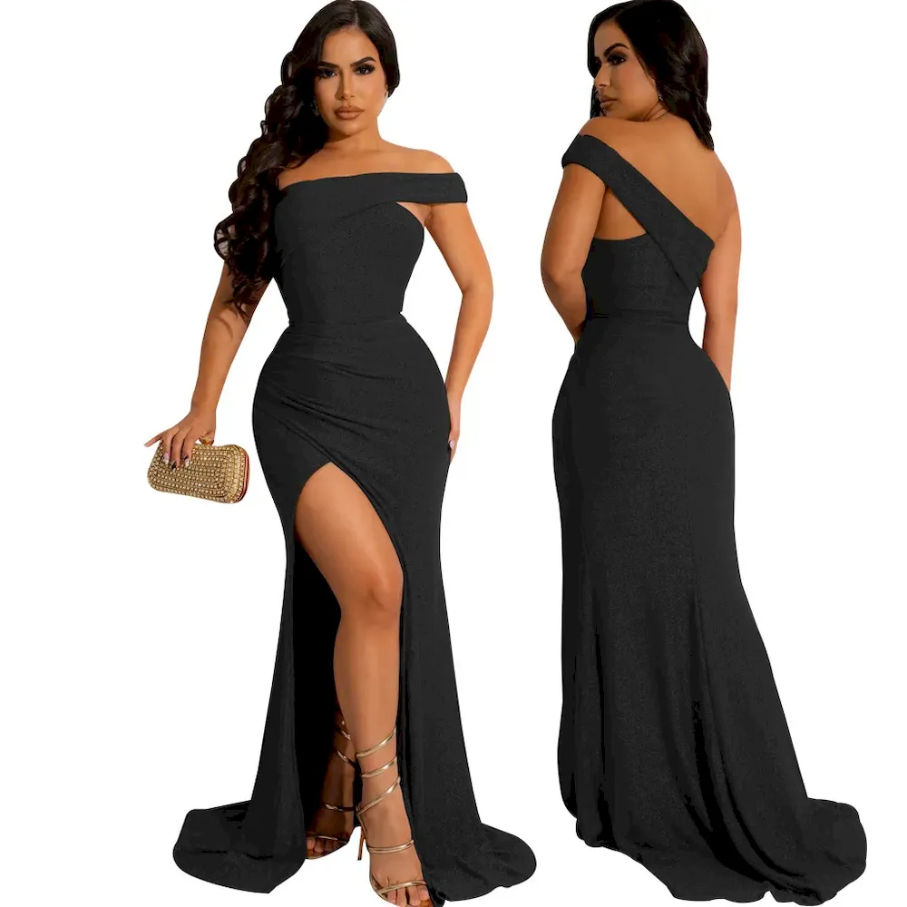 Women Fashion Sexy Oblique Shoulder Split Tight Party Dress - Image 3