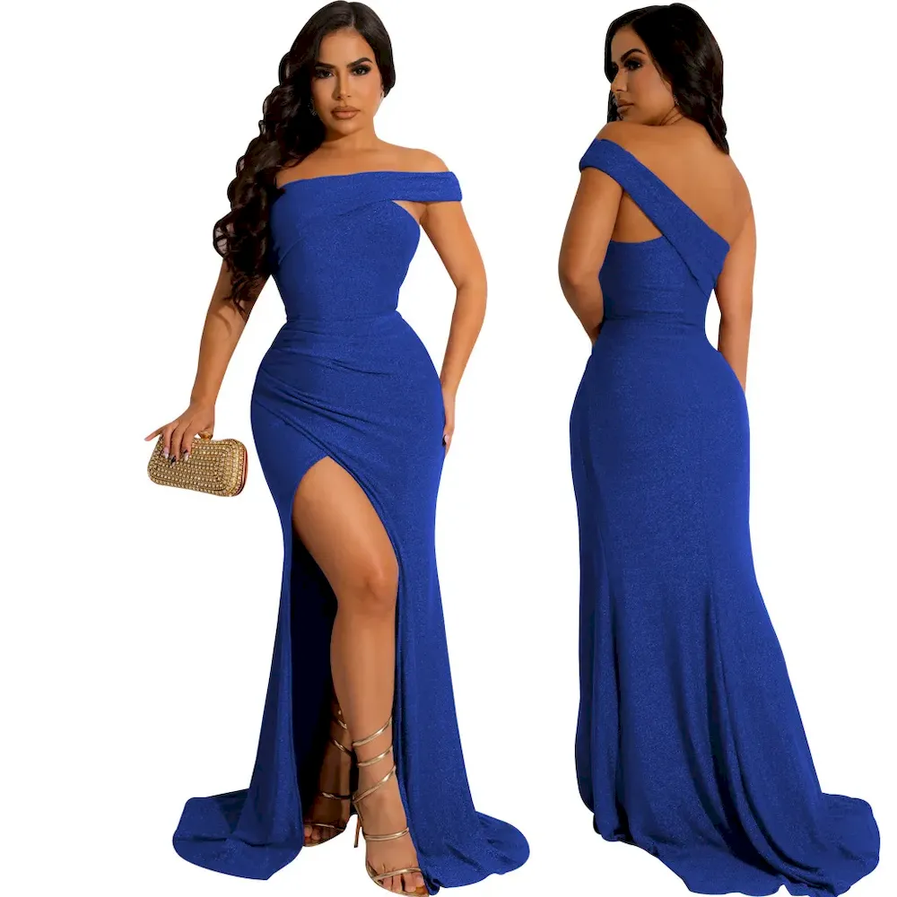 Women Fashion Sexy Oblique Shoulder Split Tight Party Dress - Image 4