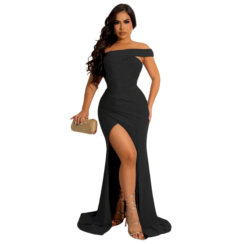Women Fashion Sexy Oblique Shoulder Split Tight Party Dress - Image 6