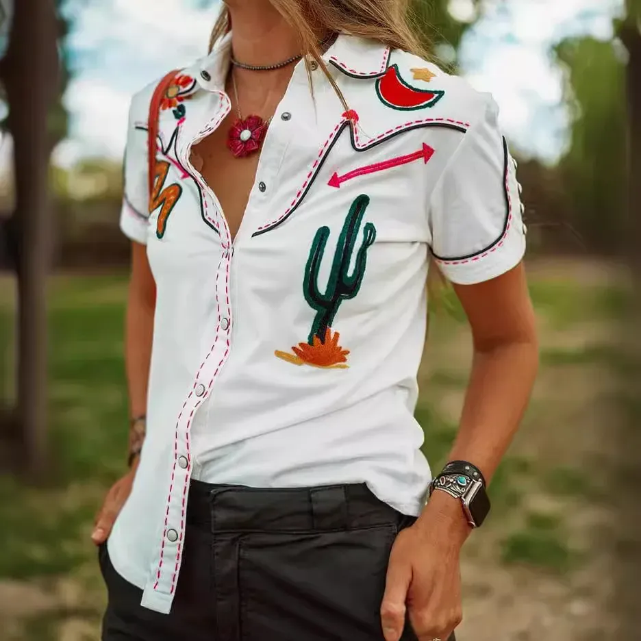 Vintage Western Style Women Short Sleeve Casual Shirt