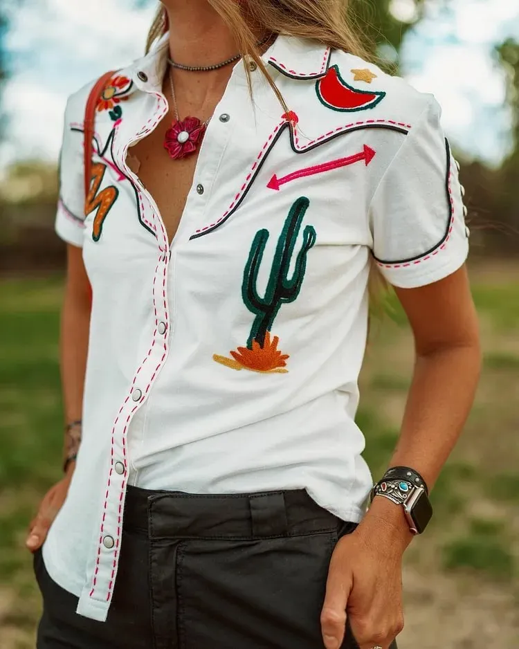 Vintage Western Style Women Short Sleeve Casual Shirt - Image 4