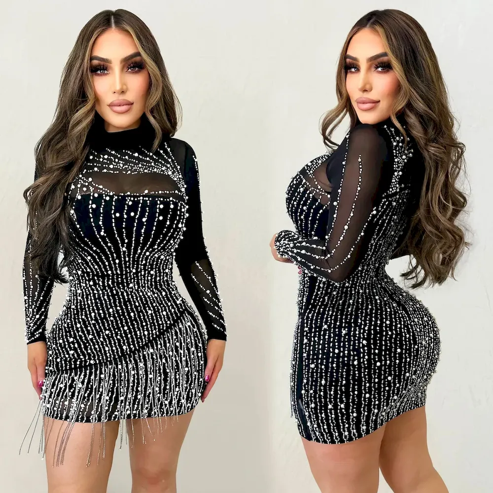 Fashion Women Long Sleeve Mesh Rhinestone Bubble Bead Party Mesh Dress