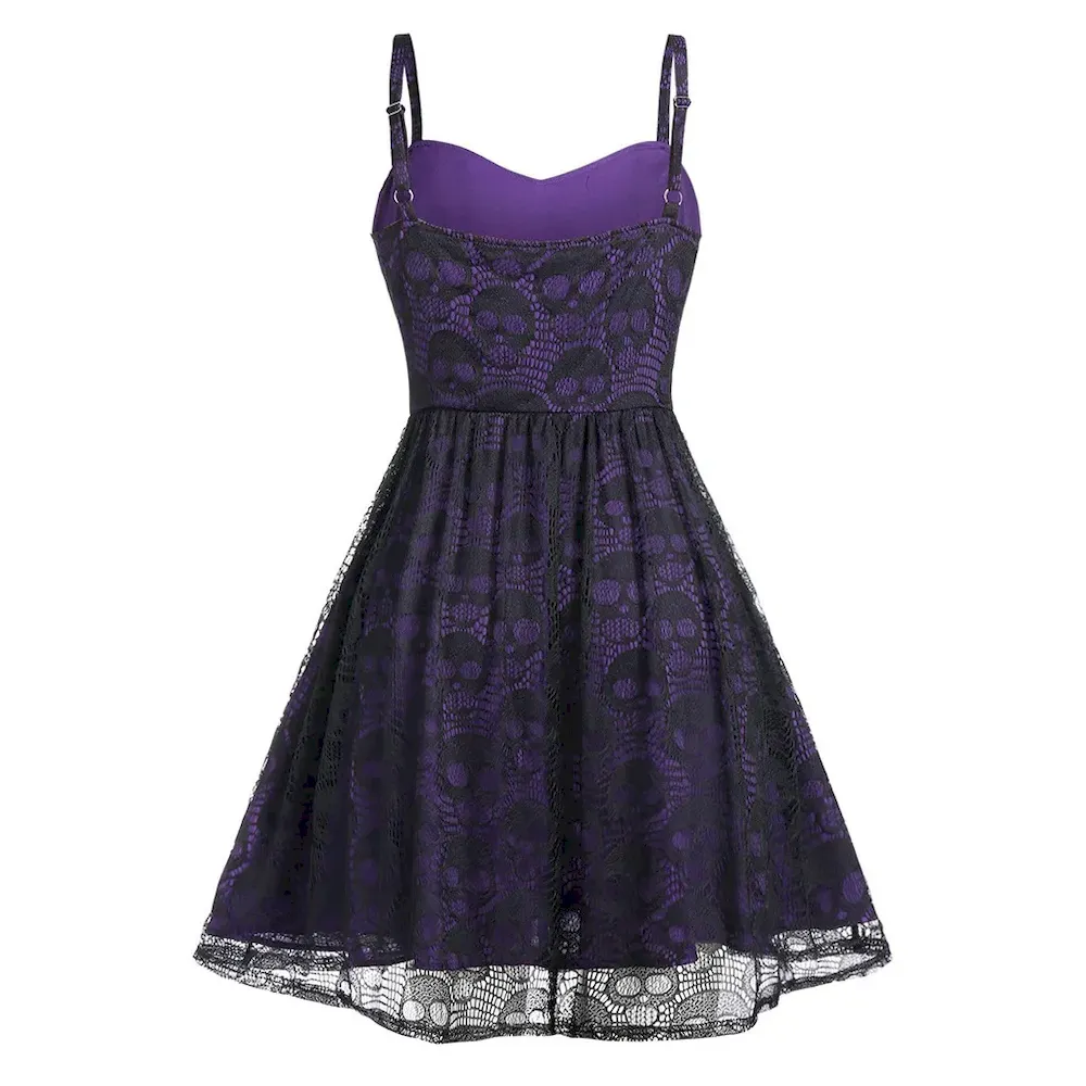 Women Vintage Gothic Lace Skull Print Strap Sling Dress - Image 3