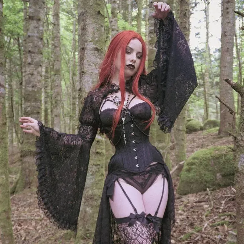 Summer Women Fashion Dark Gothic Lace Hollow Horn Sleeve Top - Image 3