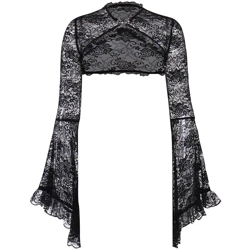 Summer Women Fashion Dark Gothic Lace Hollow Horn Sleeve Top - Image 5