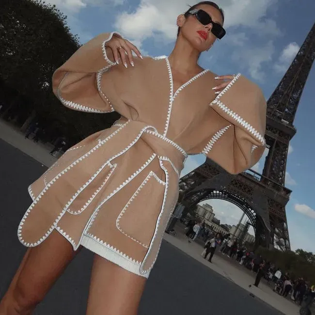 Autumn Winter Women Fashion V-Neck Cardigan Lace-Up Long Sleeve Coat