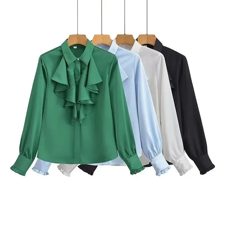 Women Elegant Summer Solid Lapel Ruffled Satin Long Sleeve Shirt Blouse