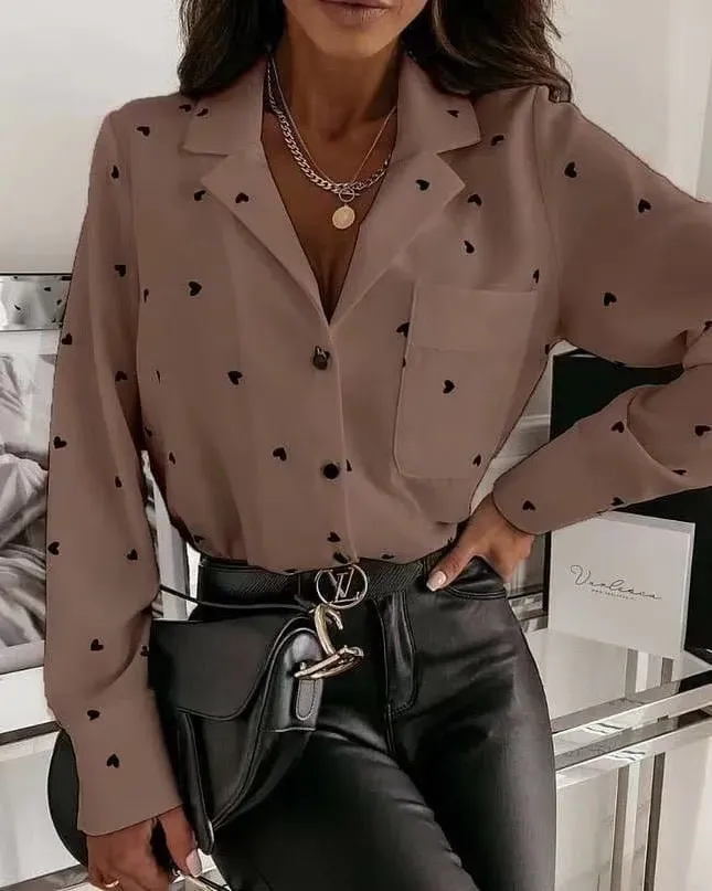 Women Casual Loose Solid Color V-Neck Heart Print Long Sleeve Shirt - Image 3