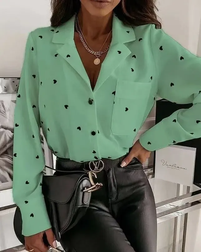 Women Casual Loose Solid Color V-Neck Heart Print Long Sleeve Shirt - Image 4