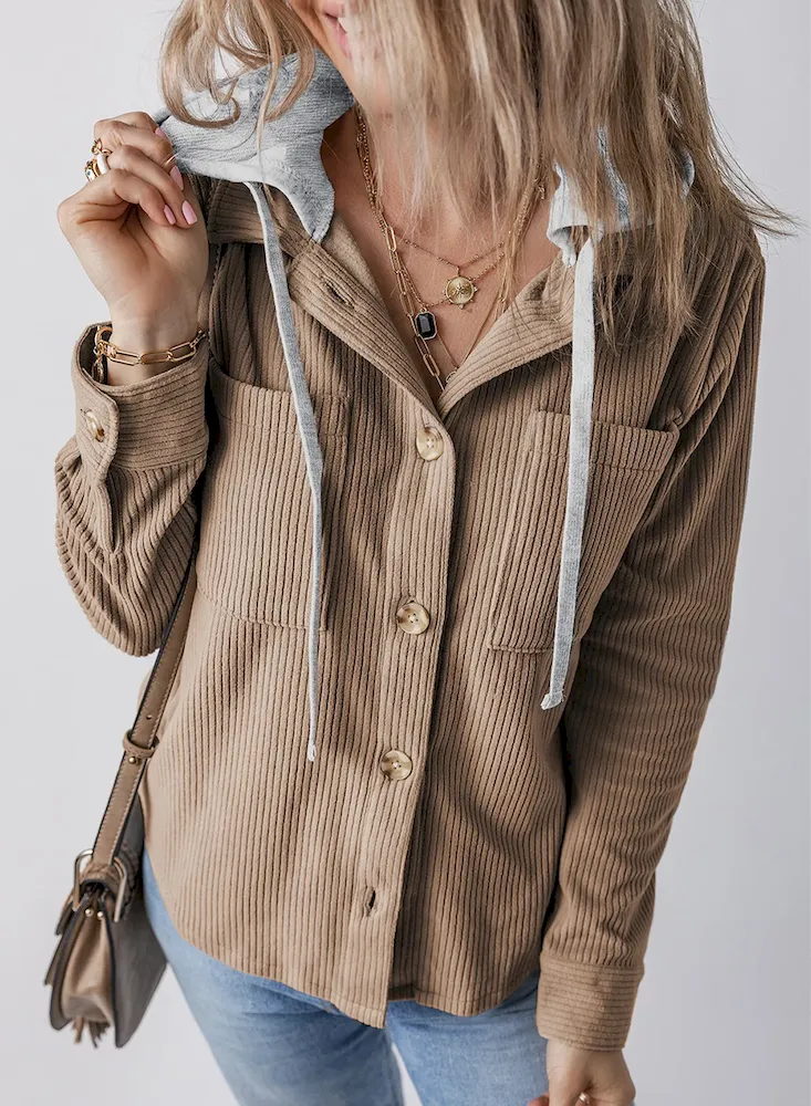 Autumn Winter Women Fashion Lapel Hooded Drawstring Stripe Long Sleeve Coat - Image 7