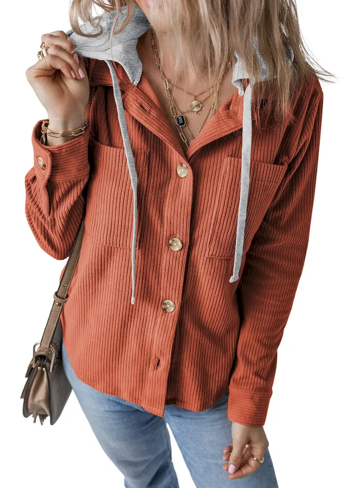 Autumn Winter Women Fashion Lapel Hooded Drawstring Stripe Long Sleeve Coat - Image 10