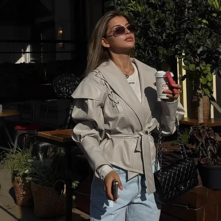 Women Vintage Faux Leather Lapel Long Sleeve Lace-Up Coat - Image 3