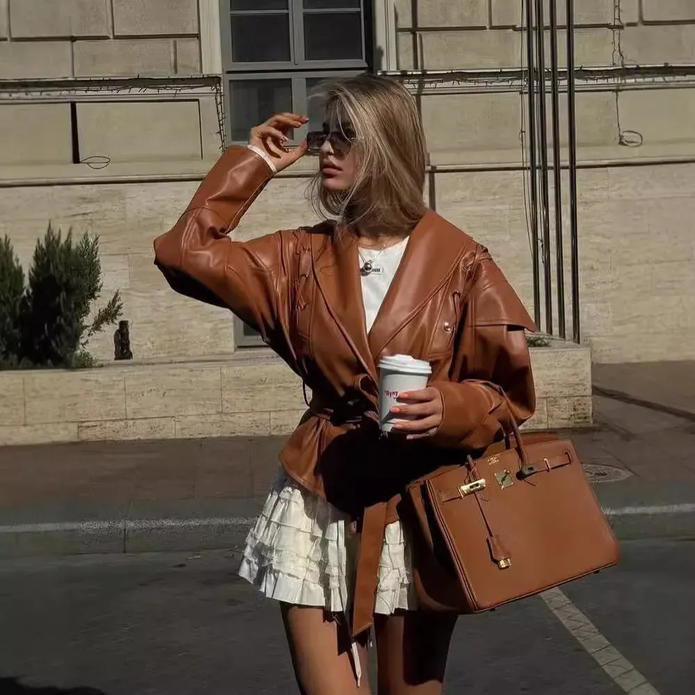 Women Vintage Faux Leather Lapel Long Sleeve Lace-Up Coat - Image 4