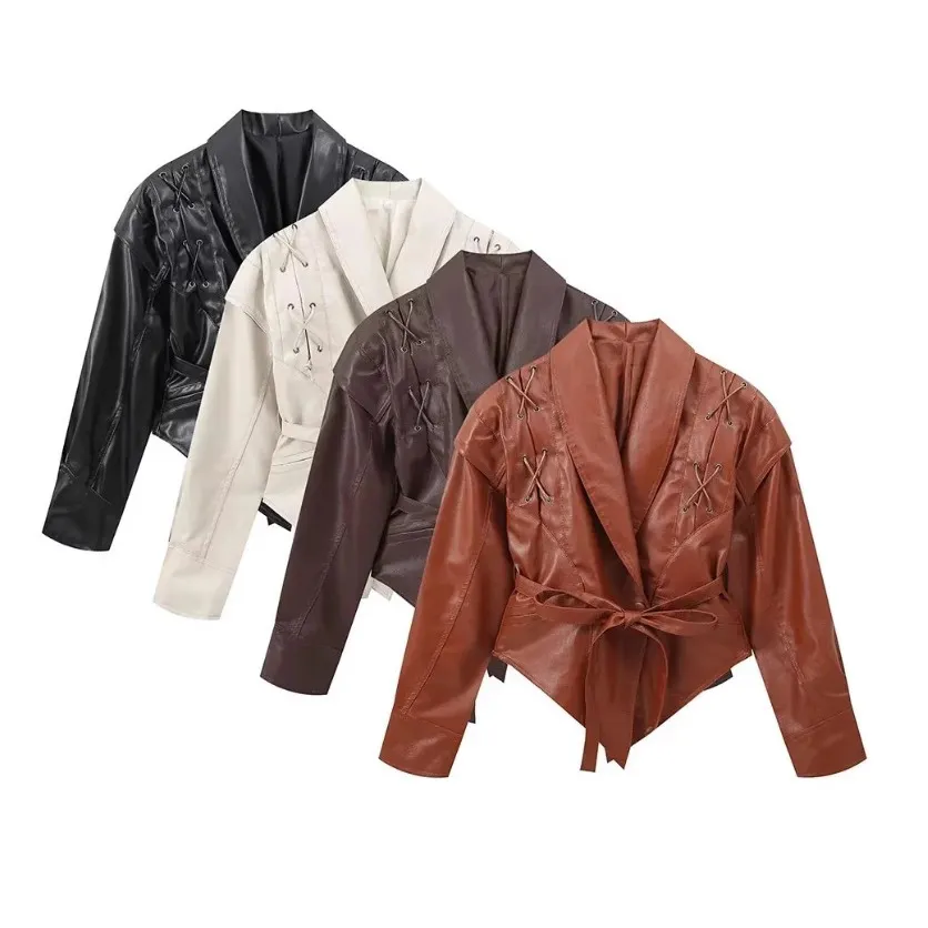 Women Vintage Faux Leather Lapel Long Sleeve Lace-Up Coat - Image 5