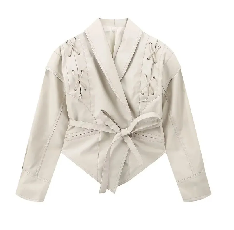 Women Vintage Faux Leather Lapel Long Sleeve Lace-Up Coat - Image 9