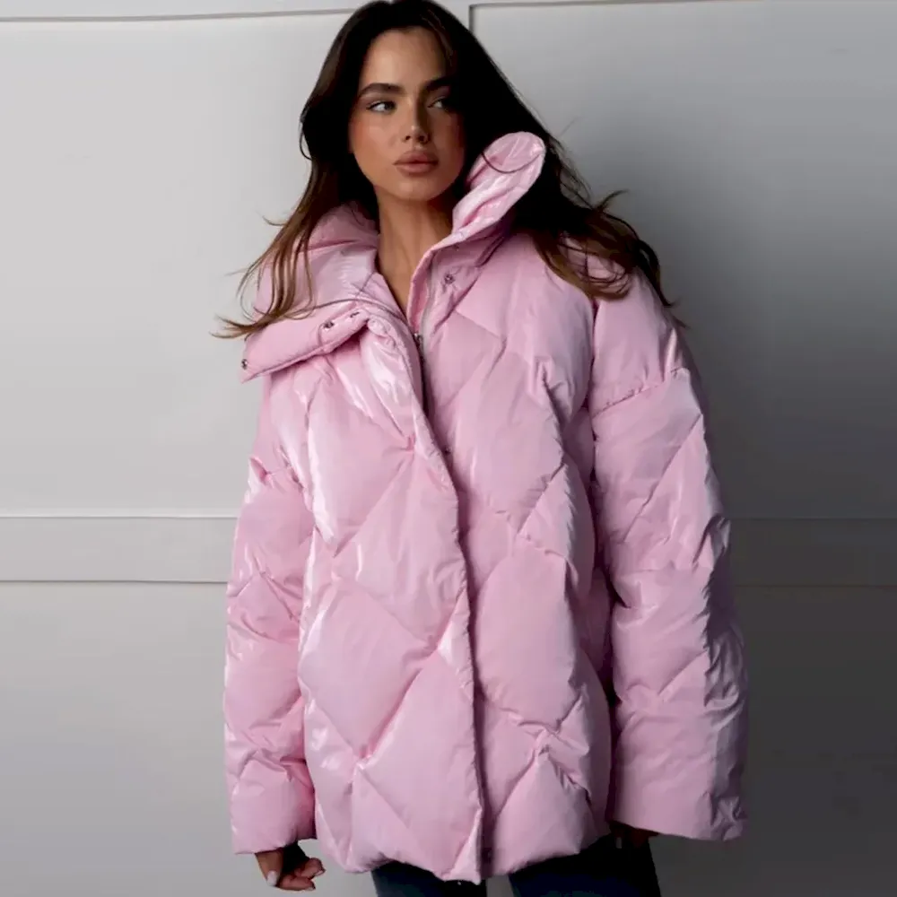 Autumn Winter Women Fashion Loose Matte Bright Lapel Rhombic Cotton Coat