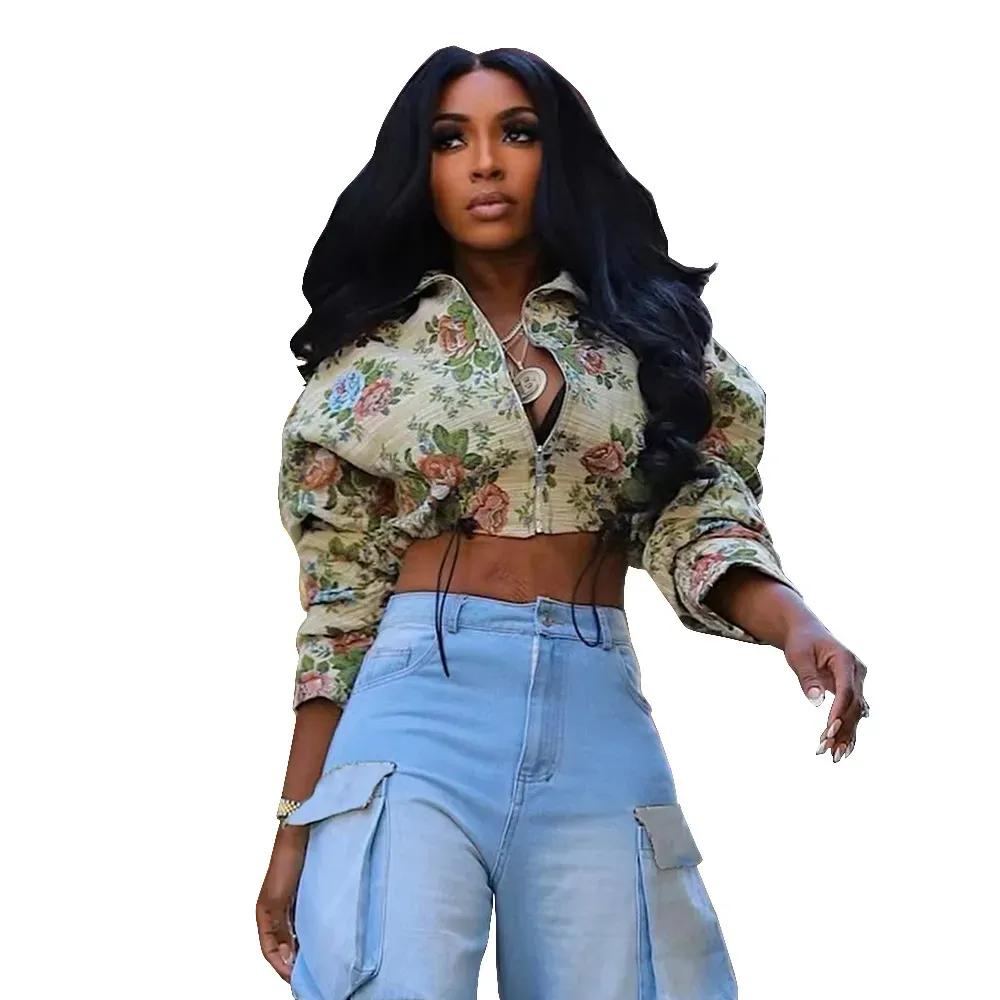 Autumn Women Floral Yarn-Dyed Jacquard Long Sleeve Crop Jacket Short Coat - Image 5