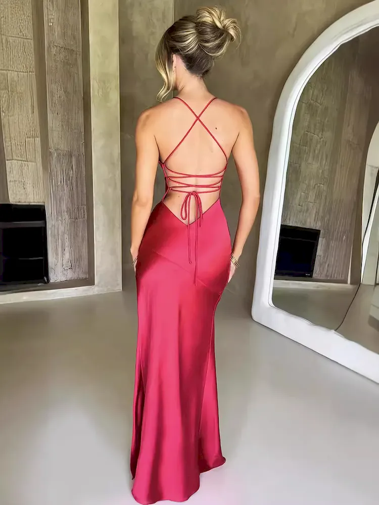 Women Sexy Solid Color Sling Side Split Maxi Dress - Image 4