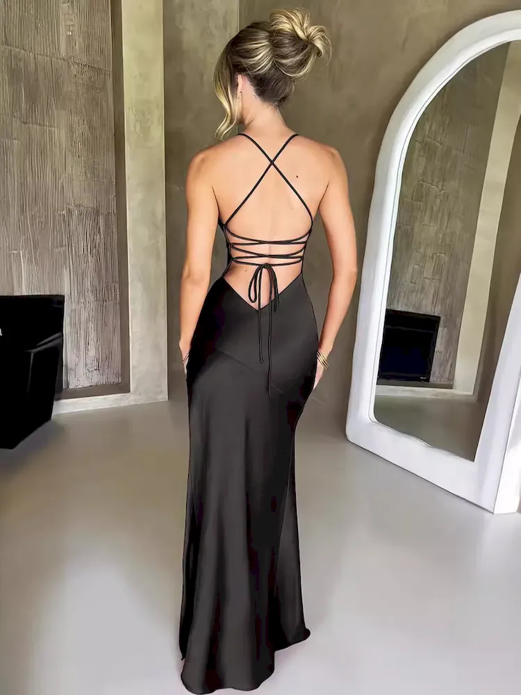 Women Sexy Solid Color Sling Side Split Maxi Dress - Image 5