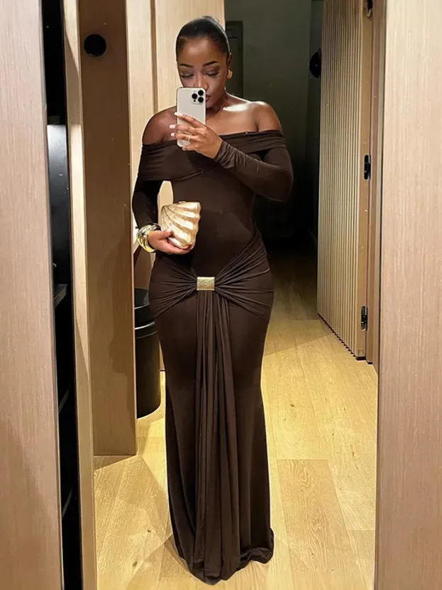 Women Elegant Off-Shoulder Solid Color Long Sleeve Bodycon Maxi Dress - Image 3